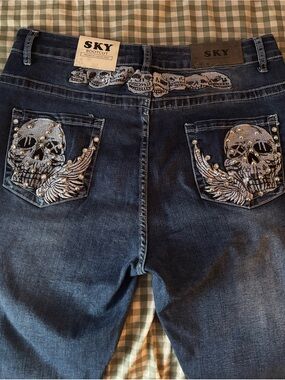 Sky Women's Dark Blue Bootcut Jeans with Embroidered Skull & Wing Back Pockets